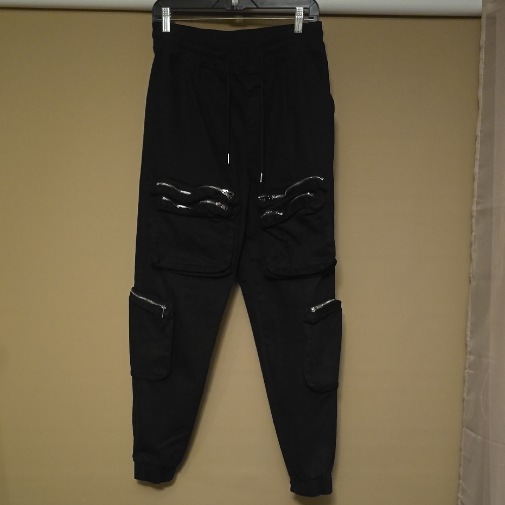 American Bazi Black Cargo Pants with Zipper Accents